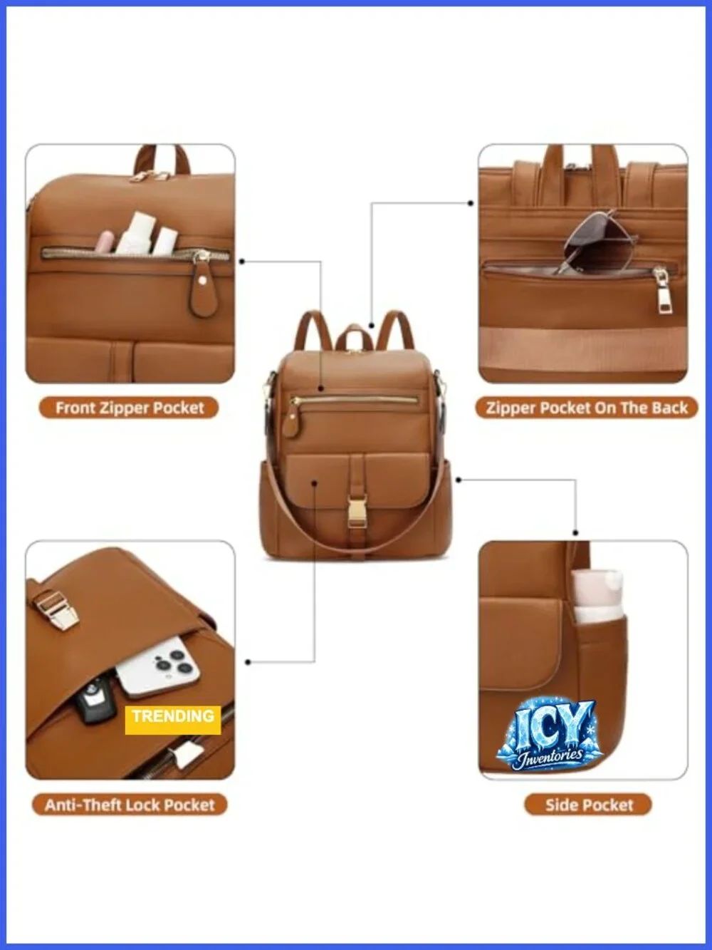 Women's Multi-Pocket Travel Backpack, PU Leather, Adjustable Strap, Anti-Theft